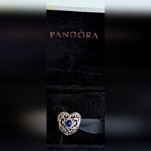 Pandora Sterling Silver Heart Filigree Charm with Blue Birthstone